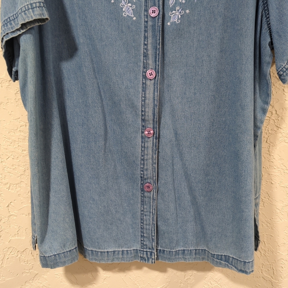 Main Street Blues Blue Denim Shortsleeve Button-Up Shirt Embroidered Women's 20W - Picture 6 of 15